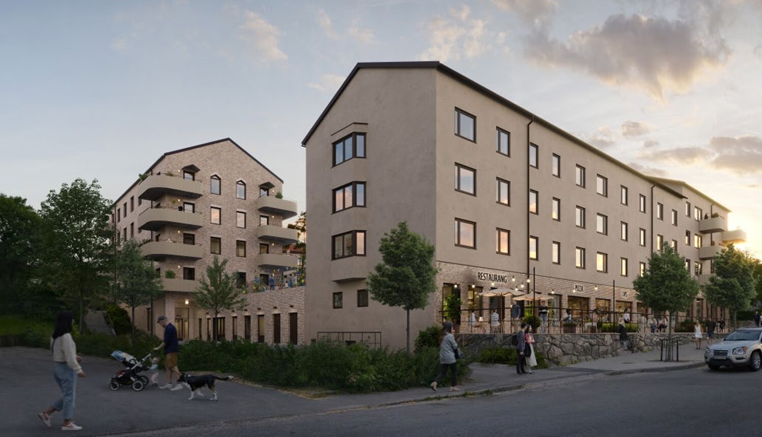 Visionsbild av två husfasader i skymning med människor som rör sig på gatan i förgrunden. 